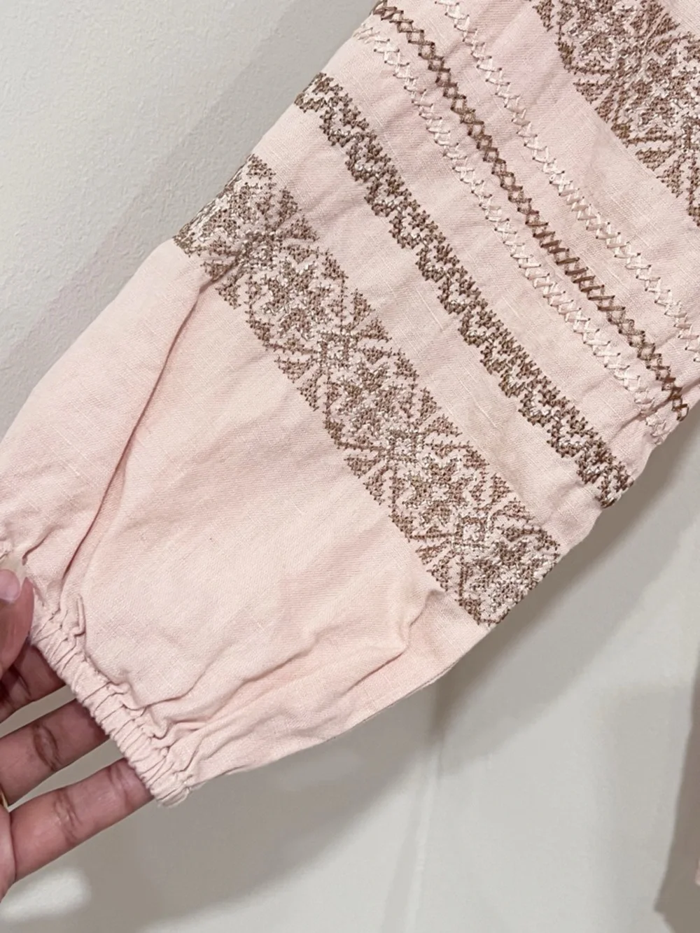 EUC Roller Rabbit Blush Pink/Cream Cross Stitch Embroidered Linen Peasant Top